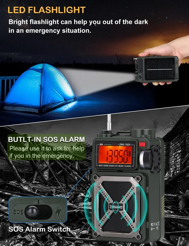 Alt view image 5 of 7 - Shortwave Radio with Bluetooth, AM/FM/SW/NOAA Weather Emergency Radios, Hand Crank/Solar/4000mAh/SOS/White Noise/Bass/Flashlight/Retro Receiver with Preset, Support USB/TF ZWS-702X