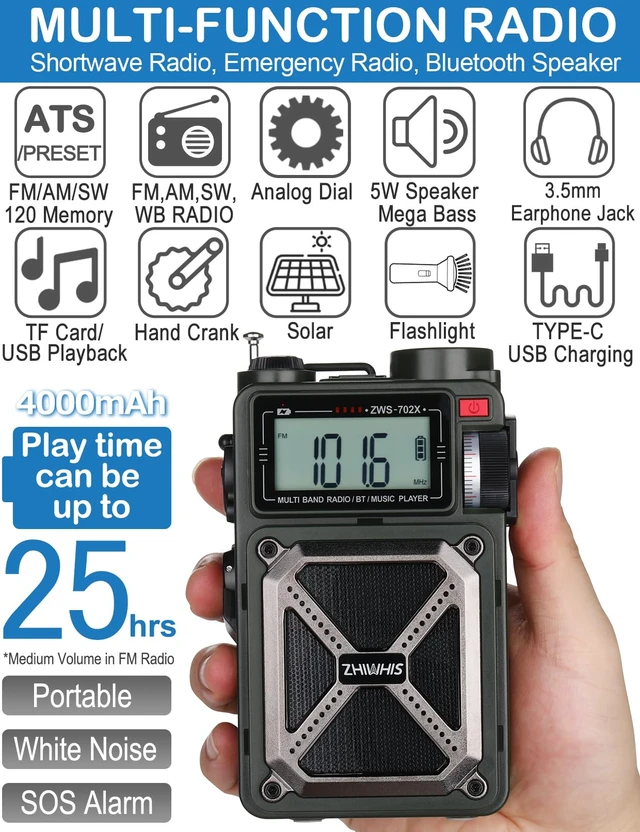 Alt view image 2 of 7 - Shortwave Radio with Bluetooth, AM/FM/SW/NOAA Weather Emergency Radios, Hand Crank/Solar/4000mAh/SOS/White Noise/Bass/Flashlight/Retro Receiver with Preset, Support USB/TF ZWS-702X