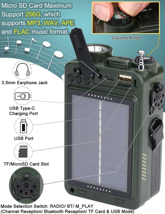 Alt view image 6 of 7 - Shortwave Radio with Bluetooth, AM/FM/SW/NOAA Weather Emergency Radios, Hand Crank/Solar/4000mAh/SOS/White Noise/Bass/Flashlight/Retro Receiver with Preset, Support USB/TF ZWS-702X