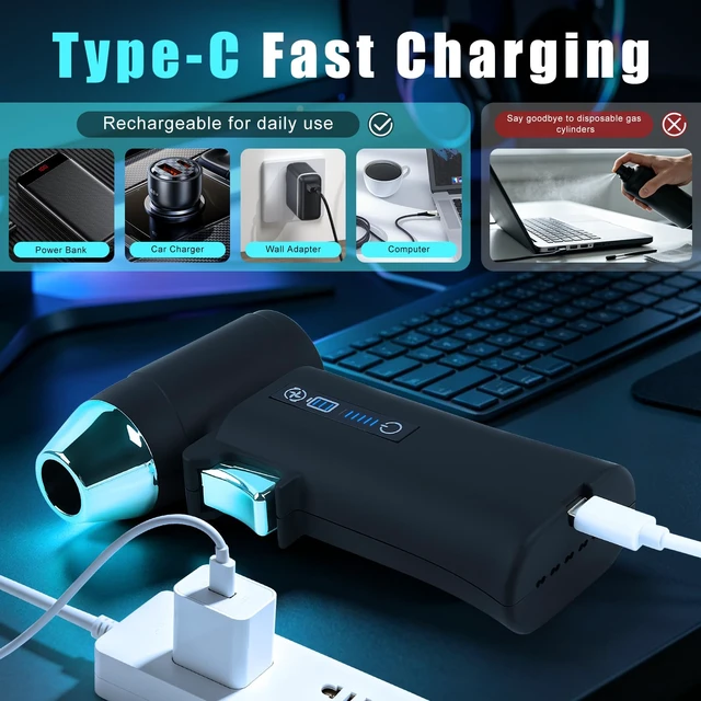 Alt view image 3 of 7 - 130000RPM Rechargeable Mini Air Blower & Vacuum with 3 Nozzles 3 Gears Adjustable and Stepless Control, Compressed Air Duster for Computer Keyboard Car and Outdoor Cleaning, Fast Charging