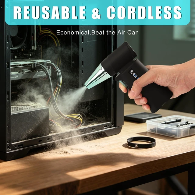 Alt view image 5 of 7 - 130000RPM Rechargeable Mini Air Blower & Vacuum with 3 Nozzles 3 Gears Adjustable and Stepless Control, Compressed Air Duster for Computer Keyboard Car and Outdoor Cleaning, Fast Charging