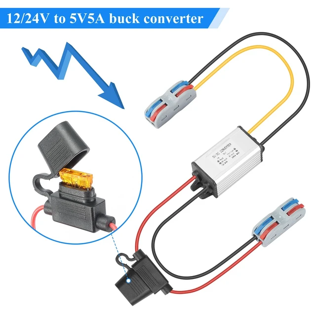 Alt view image 2 of 7 - DC 12V 24V Step Down to 5V 5A 25W Buck Converter DC Transformer with Fuse Reducer Power Supply for Golf Cart Club Car