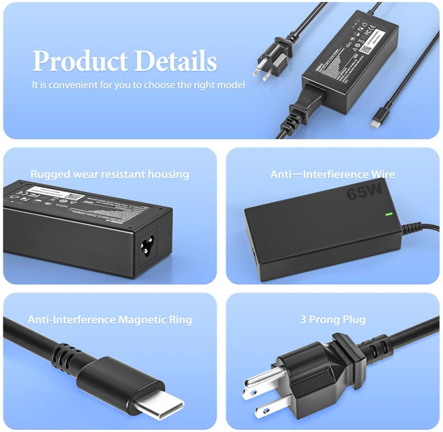 Alt view image 3 of 6 - 65W USB C Laptop Charger for Lenovo Thinkpad T14 T14s T15 T480 T480s Chromebook 100e 300e 500e C330 S330, Gen 1 2 3 4, Yoga 910 920 S730 C930 C940,Laptop Charger