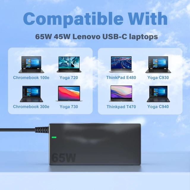 Alt view image 2 of 6 - 65W USB C Laptop Charger for Lenovo Thinkpad T14 T14s T15 T480 T480s Chromebook 100e 300e 500e C330 S330, Gen 1 2 3 4, Yoga 910 920 S730 C930 C940,Laptop Charger