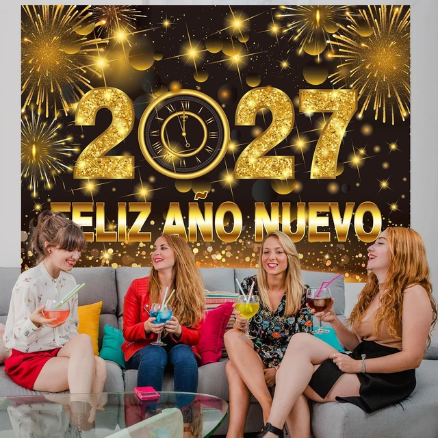 Alt view image 4 of 7 - 2027 Feliz Año Nuevo Backdrop 10x8FT Spanish Happy New Year Banner Background Black Gold New Years Decorations Supplies Photo Props