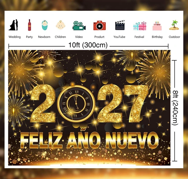 Alt view image 6 of 7 - 2027 Feliz Año Nuevo Backdrop 10x8FT Spanish Happy New Year Banner Background Black Gold New Years Decorations Supplies Photo Props