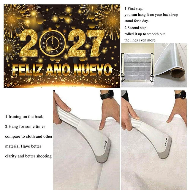 Alt view image 7 of 7 - 2027 Feliz Año Nuevo Backdrop 10x8FT Spanish Happy New Year Banner Background Black Gold New Years Decorations Supplies Photo Props