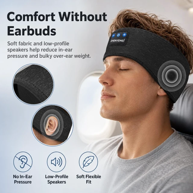 Alt view image 5 of 7 - Bluetooth Transmitter with Sleep Headphones for TV and Airplane Pre-paired, soft IPX6 headband, 3.5 mm transmitter, dual-prong airline adapter, 14-hour playtime, flights, TV and workouts