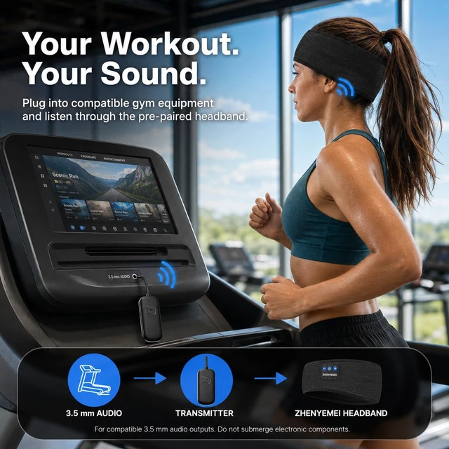Alt view image 6 of 7 - Bluetooth Transmitter with Sleep Headphones for TV and Airplane Pre-paired, soft IPX6 headband, 3.5 mm transmitter, dual-prong airline adapter, 14-hour playtime, flights, TV and workouts