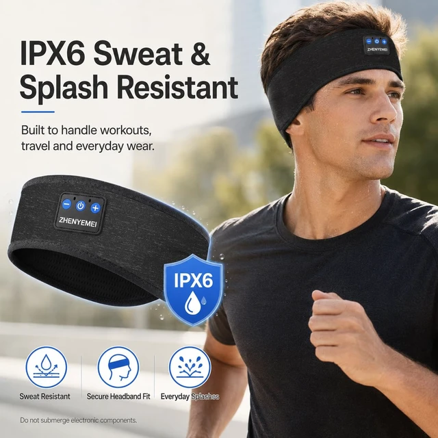 Alt view image 7 of 7 - Bluetooth Transmitter with Sleep Headphones for TV and Airplane Pre-paired, soft IPX6 headband, 3.5 mm transmitter, dual-prong airline adapter, 14-hour playtime, flights, TV and workouts
