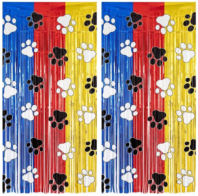 Main image of Paw Birthday Decorations, 2 Pack Gold Red and Blue Paw Birthday Patrol Party Supplies 3.3 x 6.6ft Tinsel Foil Fringe Curtains Photo Booth Props Backdrop Streamers,Doorway Room Decor for Kids