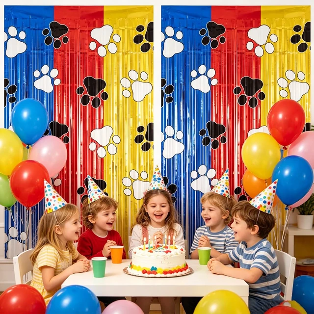Alt view image 2 of 7 - Paw Birthday Decorations, 2 Pack Gold Red and Blue Paw Birthday Patrol Party Supplies 3.3 x 6.6ft Tinsel Foil Fringe Curtains Photo Booth Props Backdrop Streamers,Doorway Room Decor for Kids