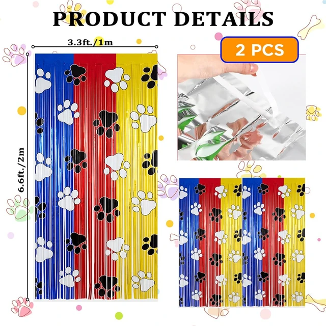 Alt view image 3 of 7 - Paw Birthday Decorations, 2 Pack Gold Red and Blue Paw Birthday Patrol Party Supplies 3.3 x 6.6ft Tinsel Foil Fringe Curtains Photo Booth Props Backdrop Streamers,Doorway Room Decor for Kids