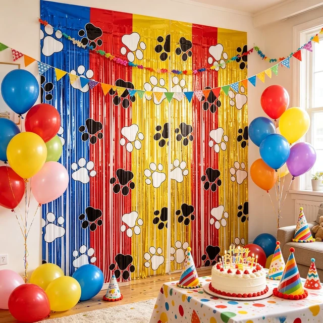 Alt view image 4 of 7 - Paw Birthday Decorations, 2 Pack Gold Red and Blue Paw Birthday Patrol Party Supplies 3.3 x 6.6ft Tinsel Foil Fringe Curtains Photo Booth Props Backdrop Streamers,Doorway Room Decor for Kids