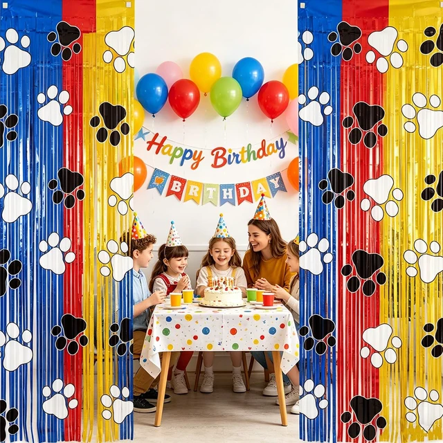 Alt view image 5 of 7 - Paw Birthday Decorations, 2 Pack Gold Red and Blue Paw Birthday Patrol Party Supplies 3.3 x 6.6ft Tinsel Foil Fringe Curtains Photo Booth Props Backdrop Streamers,Doorway Room Decor for Kids