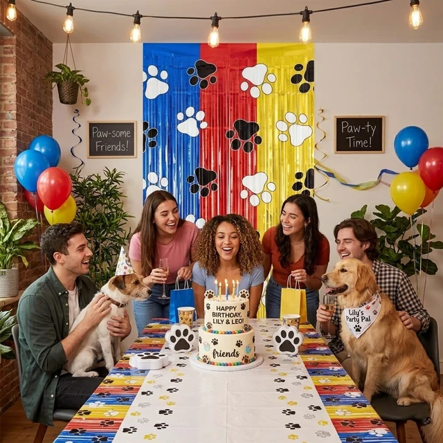 Alt view image 6 of 7 - Paw Birthday Decorations, 2 Pack Gold Red and Blue Paw Birthday Patrol Party Supplies 3.3 x 6.6ft Tinsel Foil Fringe Curtains Photo Booth Props Backdrop Streamers,Doorway Room Decor for Kids