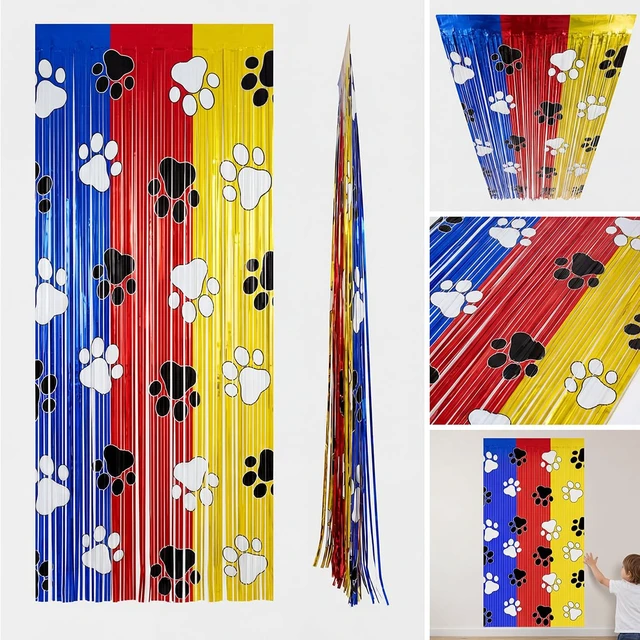 Alt view image 7 of 7 - Paw Birthday Decorations, 2 Pack Gold Red and Blue Paw Birthday Patrol Party Supplies 3.3 x 6.6ft Tinsel Foil Fringe Curtains Photo Booth Props Backdrop Streamers,Doorway Room Decor for Kids