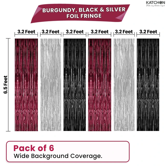 Alt view image 2 of 7 - Burgundy Black & Silver Foil Fringe Curtains, Pack of 6 Tinsel Streamer Backdrop for Bridal Shower, Bachelorette, Christmas & Halloween Decorations