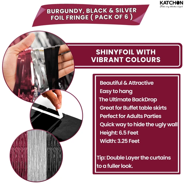 Alt view image 3 of 7 - Burgundy Black & Silver Foil Fringe Curtains, Pack of 6 Tinsel Streamer Backdrop for Bridal Shower, Bachelorette, Christmas & Halloween Decorations
