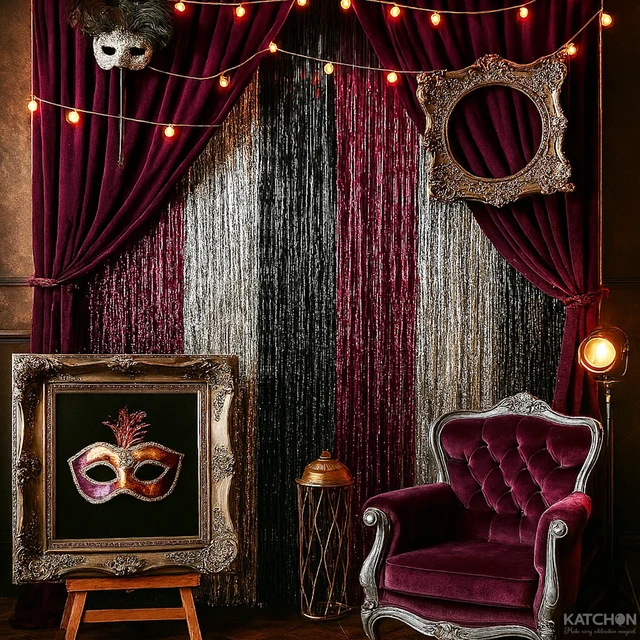 Alt view image 5 of 7 - Burgundy Black & Silver Foil Fringe Curtains, Pack of 6 Tinsel Streamer Backdrop for Bridal Shower, Bachelorette, Christmas & Halloween Decorations