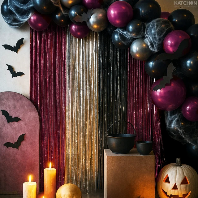 Alt view image 6 of 7 - Burgundy Black & Silver Foil Fringe Curtains, Pack of 6 Tinsel Streamer Backdrop for Bridal Shower, Bachelorette, Christmas & Halloween Decorations
