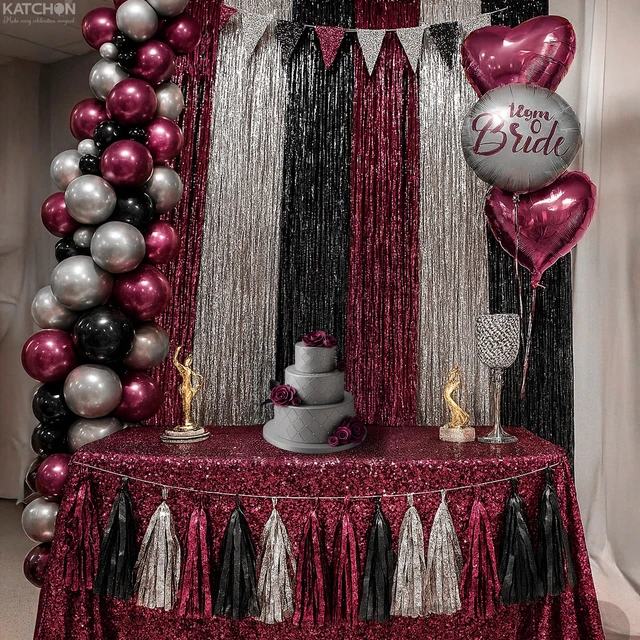 Alt view image 7 of 7 - Burgundy Black & Silver Foil Fringe Curtains, Pack of 6 Tinsel Streamer Backdrop for Bridal Shower, Bachelorette, Christmas & Halloween Decorations