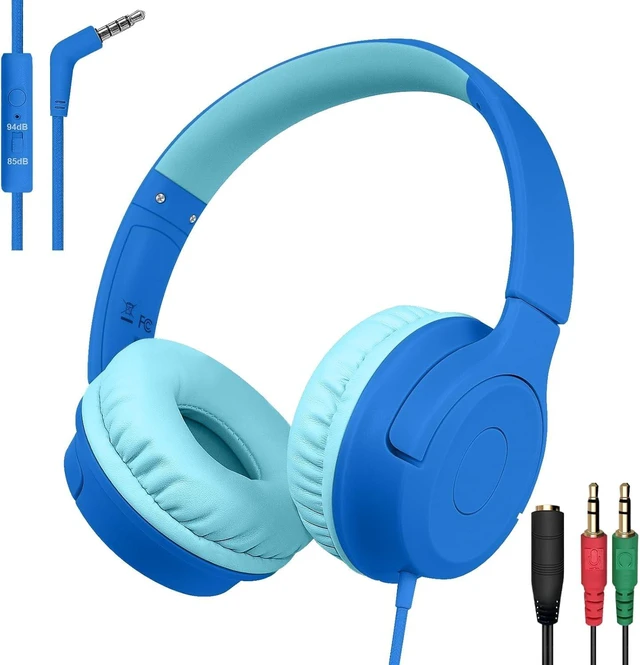 Main image of Kids Wired Headphones with Microphone, 85/94dB Safe Volume Limiter,Foldable,3.5mm Jack Over-Ear Cord Headset for Online Study/Travel, Compatible with Tablet,iPad,PC&More,Navy&Teal