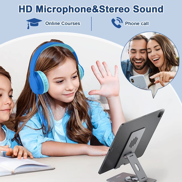 Alt view image 2 of 7 - Kids Wired Headphones with Microphone, 85/94dB Safe Volume Limiter,Foldable,3.5mm Jack Over-Ear Cord Headset for Online Study/Travel, Compatible with Tablet,iPad,PC&More,Navy&Teal
