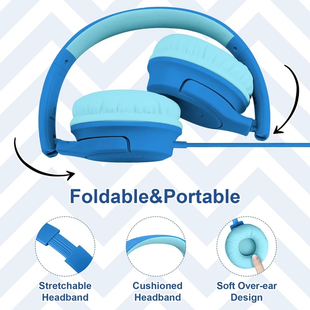 Alt view image 3 of 7 - Kids Wired Headphones with Microphone, 85/94dB Safe Volume Limiter,Foldable,3.5mm Jack Over-Ear Cord Headset for Online Study/Travel, Compatible with Tablet,iPad,PC&More,Navy&Teal