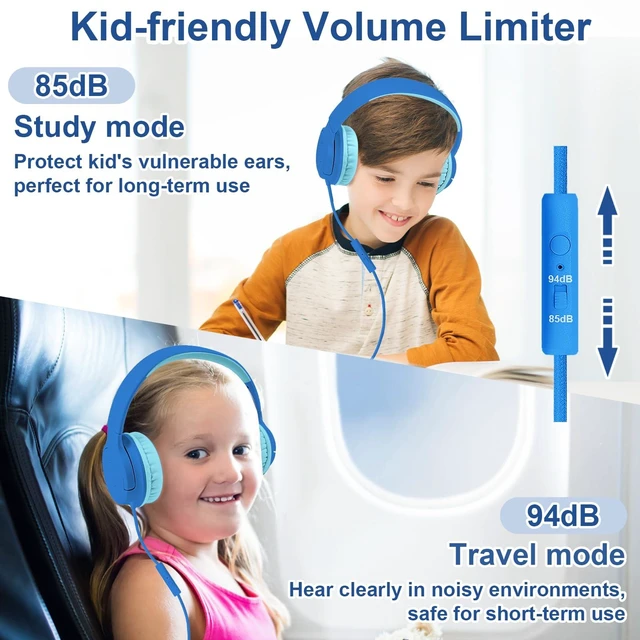 Alt view image 4 of 7 - Kids Wired Headphones with Microphone, 85/94dB Safe Volume Limiter,Foldable,3.5mm Jack Over-Ear Cord Headset for Online Study/Travel, Compatible with Tablet,iPad,PC&More,Navy&Teal