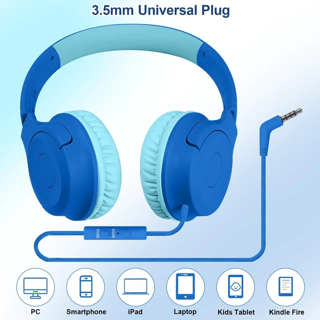 Alt view image 5 of 7 - Kids Wired Headphones with Microphone, 85/94dB Safe Volume Limiter,Foldable,3.5mm Jack Over-Ear Cord Headset for Online Study/Travel, Compatible with Tablet,iPad,PC&More,Navy&Teal