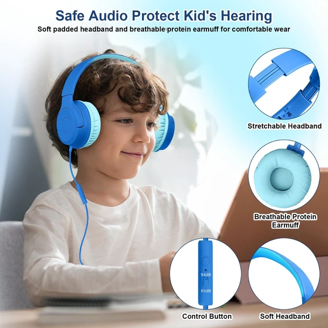 Alt view image 6 of 7 - Kids Wired Headphones with Microphone, 85/94dB Safe Volume Limiter,Foldable,3.5mm Jack Over-Ear Cord Headset for Online Study/Travel, Compatible with Tablet,iPad,PC&More,Navy&Teal