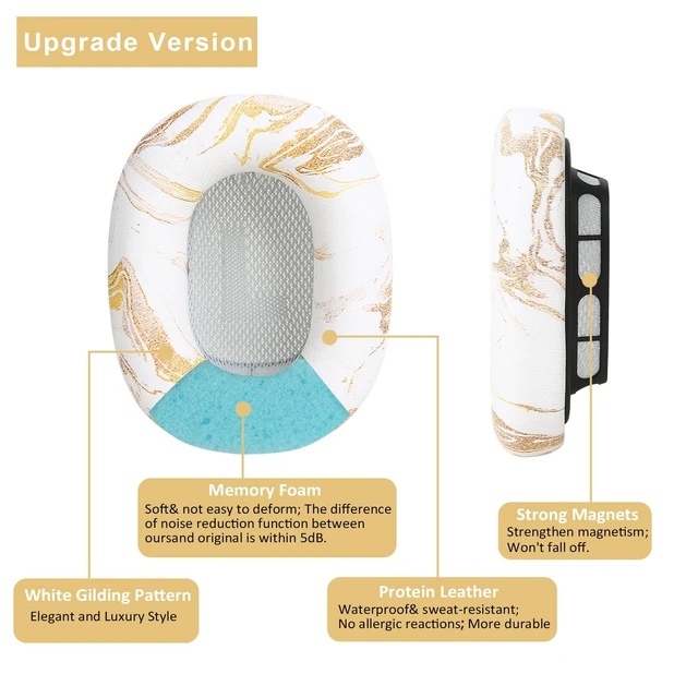 Alt view image 4 of 7 - Ear Cushion Pads for AirPods Max Earpads Replacement with Protein Leather, Memory Foam and Magnet, Gorgeous and Luxury Style with White Gilding Pattern