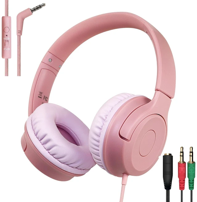 Main image of Kids Wired Headphones with Microphone, 85/94dB Safe Volume Limiter,Foldable,3.5mm Jack Over-Ear Cord Headset for Online Study/Travel, Compatible with Tablet,iPad,PC&More,Pink