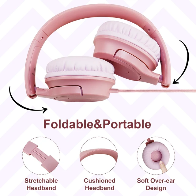 Alt view image 4 of 7 - Kids Wired Headphones with Microphone, 85/94dB Safe Volume Limiter,Foldable,3.5mm Jack Over-Ear Cord Headset for Online Study/Travel, Compatible with Tablet,iPad,PC&More,Pink