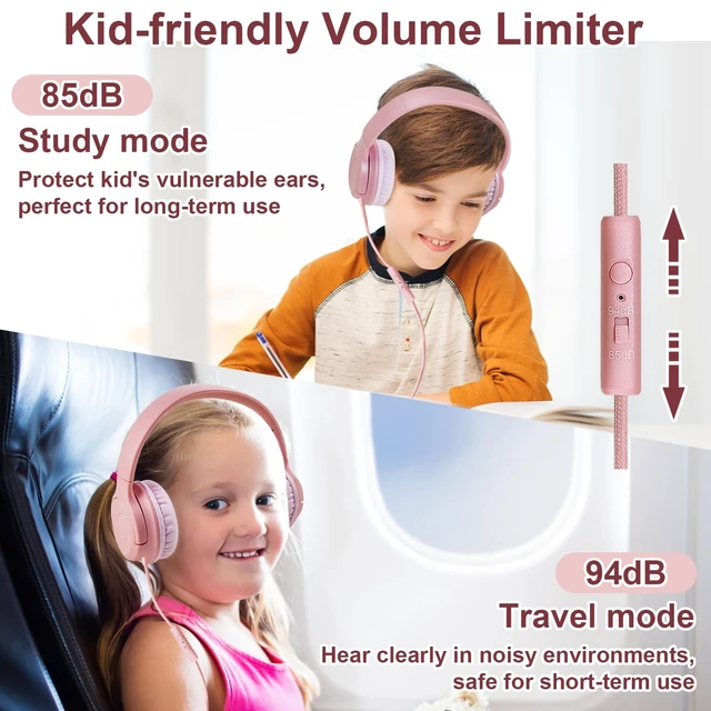Alt view image 6 of 7 - Kids Wired Headphones with Microphone, 85/94dB Safe Volume Limiter,Foldable,3.5mm Jack Over-Ear Cord Headset for Online Study/Travel, Compatible with Tablet,iPad,PC&More,Pink