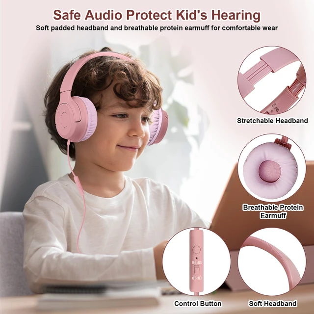 Alt view image 7 of 7 - Kids Wired Headphones with Microphone, 85/94dB Safe Volume Limiter,Foldable,3.5mm Jack Over-Ear Cord Headset for Online Study/Travel, Compatible with Tablet,iPad,PC&More,Pink