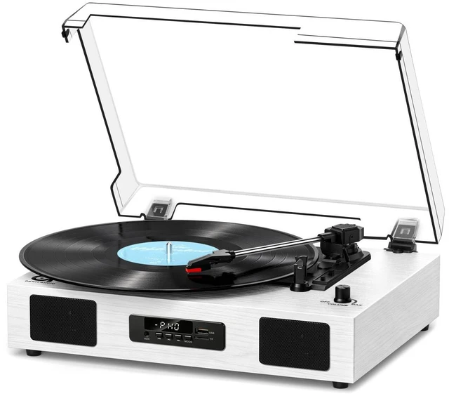 Main image of Vinyl Record Player with USB Recording, Speakers and Bluetooth, White Wood TF Card & Digital Display, 3-Speed Belt-Drive Turntable,RCA Output,Built-in Stereo Speakers, Auto Stop for 7/10/12 Vinyl