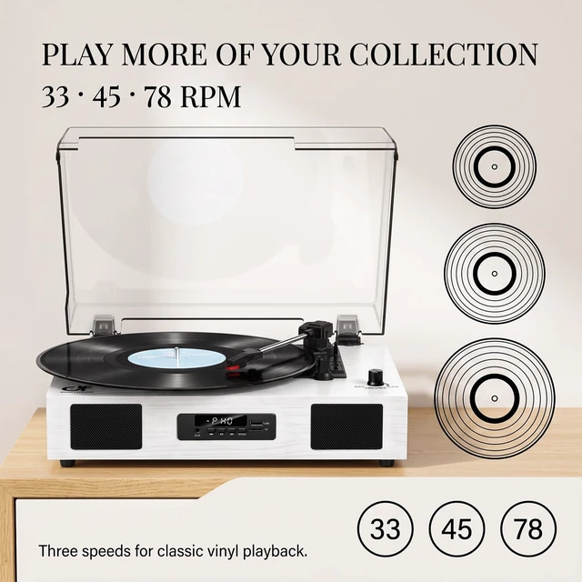 Alt view image 2 of 7 - Vinyl Record Player with USB Recording, Speakers and Bluetooth, White Wood TF Card & Digital Display, 3-Speed Belt-Drive Turntable,RCA Output,Built-in Stereo Speakers, Auto Stop for 7/10/12 Vinyl