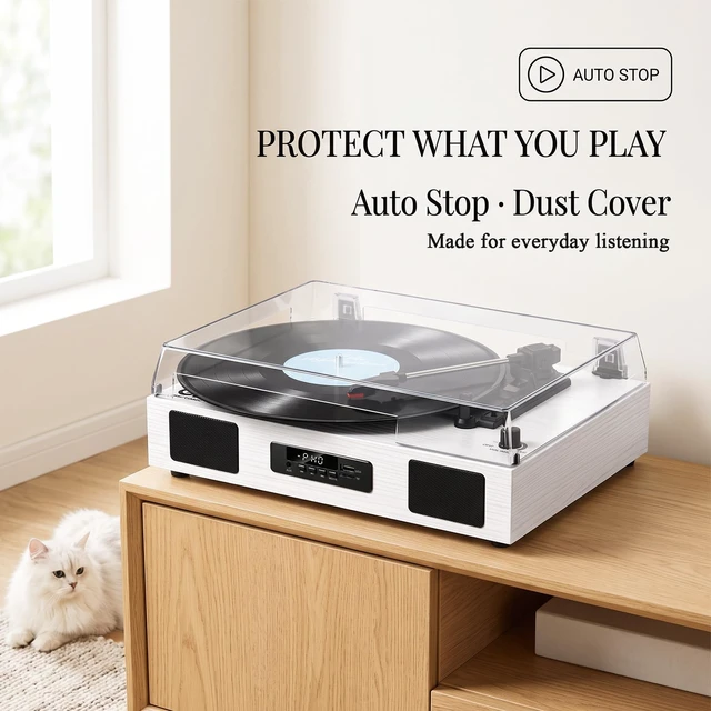 Alt view image 4 of 7 - Vinyl Record Player with USB Recording, Speakers and Bluetooth, White Wood TF Card & Digital Display, 3-Speed Belt-Drive Turntable,RCA Output,Built-in Stereo Speakers, Auto Stop for 7/10/12 Vinyl