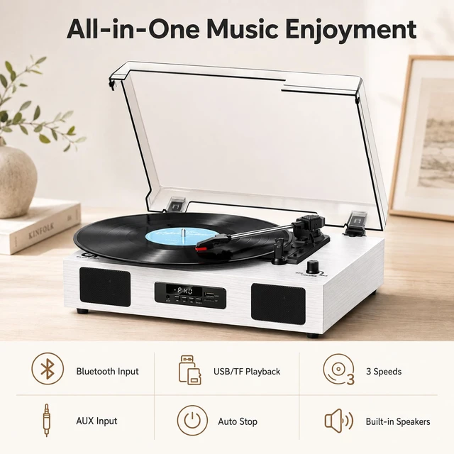 Alt view image 5 of 7 - Vinyl Record Player with USB Recording, Speakers and Bluetooth, White Wood TF Card & Digital Display, 3-Speed Belt-Drive Turntable,RCA Output,Built-in Stereo Speakers, Auto Stop for 7/10/12 Vinyl