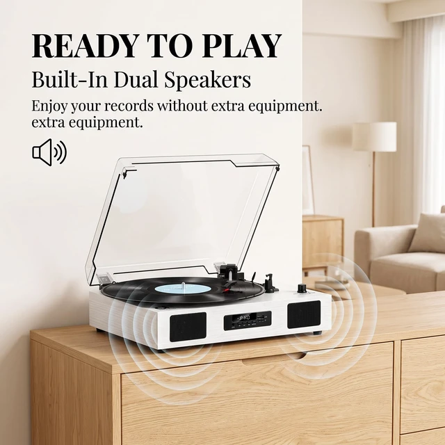 Alt view image 3 of 7 - Vinyl Record Player with USB Recording, Speakers and Bluetooth, White Wood TF Card & Digital Display, 3-Speed Belt-Drive Turntable,RCA Output,Built-in Stereo Speakers, Auto Stop for 7/10/12 Vinyl