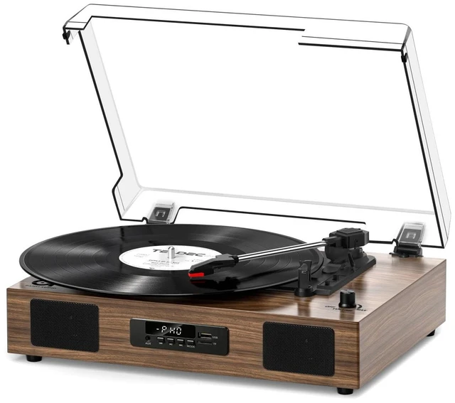 Main image of Vinyl Record Player Bluetooth 3-Speed Turntable with Speakers, Walnut USB Recording, Digital Display, RCA Line-out, AUX Input, Auto stop