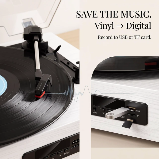 Alt view image 6 of 7 - Vinyl Record Player with USB Recording, Speakers and Bluetooth, White Wood TF Card & Digital Display, 3-Speed Belt-Drive Turntable,RCA Output,Built-in Stereo Speakers, Auto Stop for 7/10/12 Vinyl
