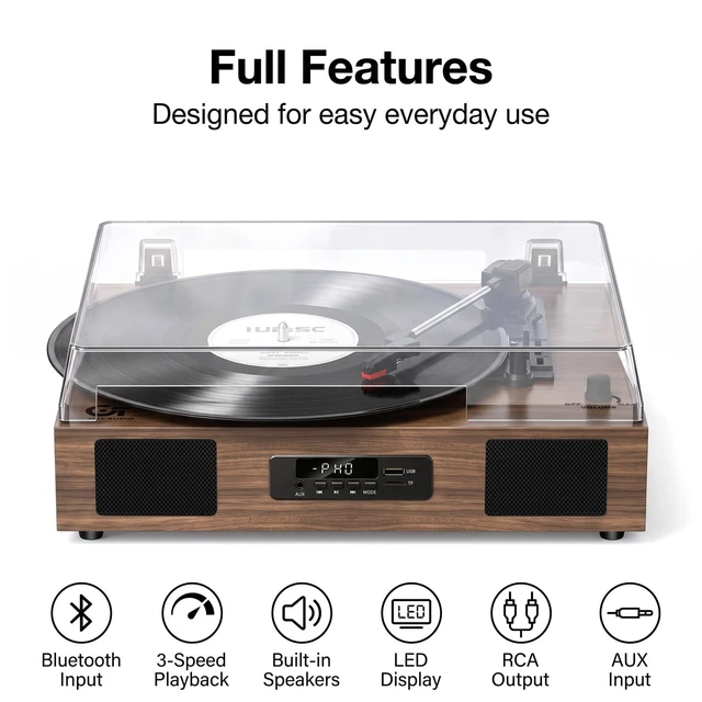 Alt view image 2 of 7 - Vinyl Record Player Bluetooth 3-Speed Turntable with Speakers, Walnut USB Recording, Digital Display, RCA Line-out, AUX Input, Auto stop