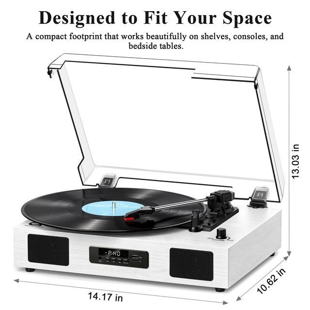 Alt view image 7 of 7 - Vinyl Record Player with USB Recording, Speakers and Bluetooth, White Wood TF Card & Digital Display, 3-Speed Belt-Drive Turntable,RCA Output,Built-in Stereo Speakers, Auto Stop for 7/10/12 Vinyl