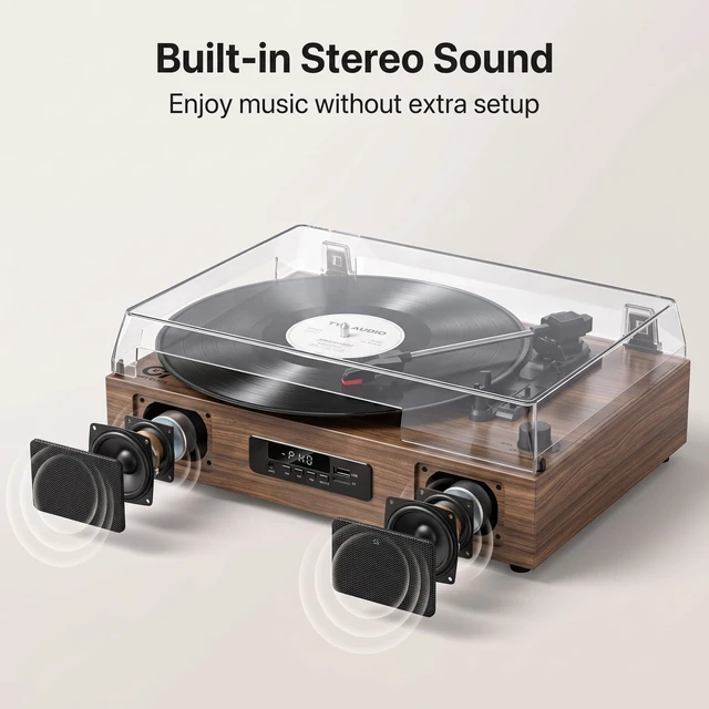 Alt view image 3 of 7 - Vinyl Record Player Bluetooth 3-Speed Turntable with Speakers, Walnut USB Recording, Digital Display, RCA Line-out, AUX Input, Auto stop