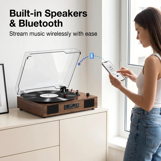Alt view image 4 of 7 - Vinyl Record Player Bluetooth 3-Speed Turntable with Speakers, Walnut USB Recording, Digital Display, RCA Line-out, AUX Input, Auto stop