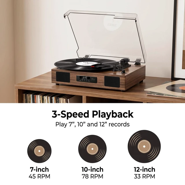Alt view image 5 of 7 - Vinyl Record Player Bluetooth 3-Speed Turntable with Speakers, Walnut USB Recording, Digital Display, RCA Line-out, AUX Input, Auto stop