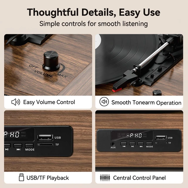 Alt view image 6 of 7 - Vinyl Record Player Bluetooth 3-Speed Turntable with Speakers, Walnut USB Recording, Digital Display, RCA Line-out, AUX Input, Auto stop
